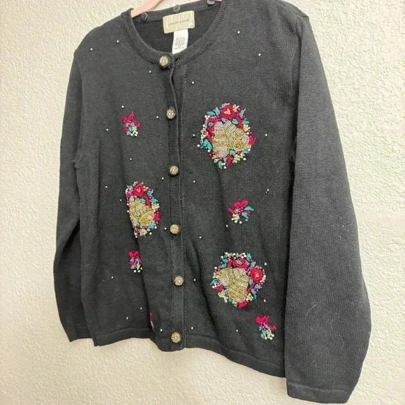 Vintage Lemon Grass Black Beaded Embroidered Holiday Cardigan Wreath - Size M - Picture 2 of 7